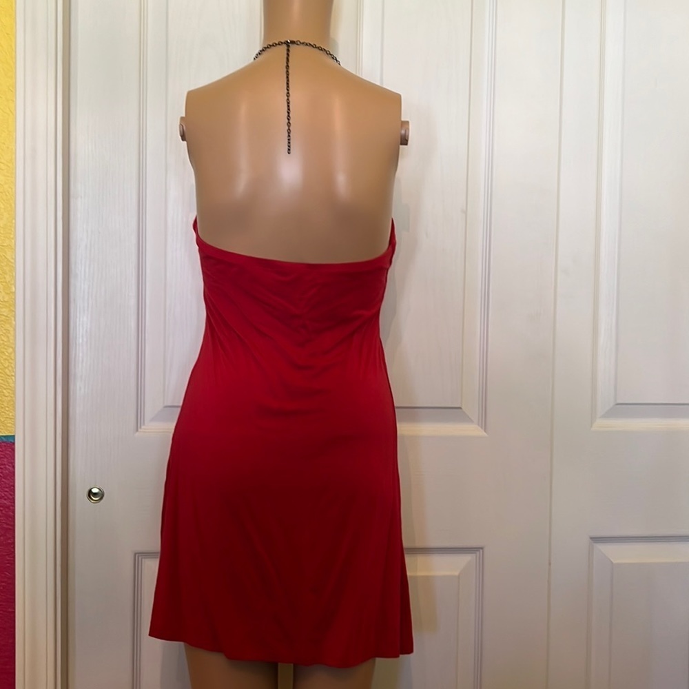 Red halter mini dress/ tunic with black beaded necklace neckline M - Picture 2 of 4